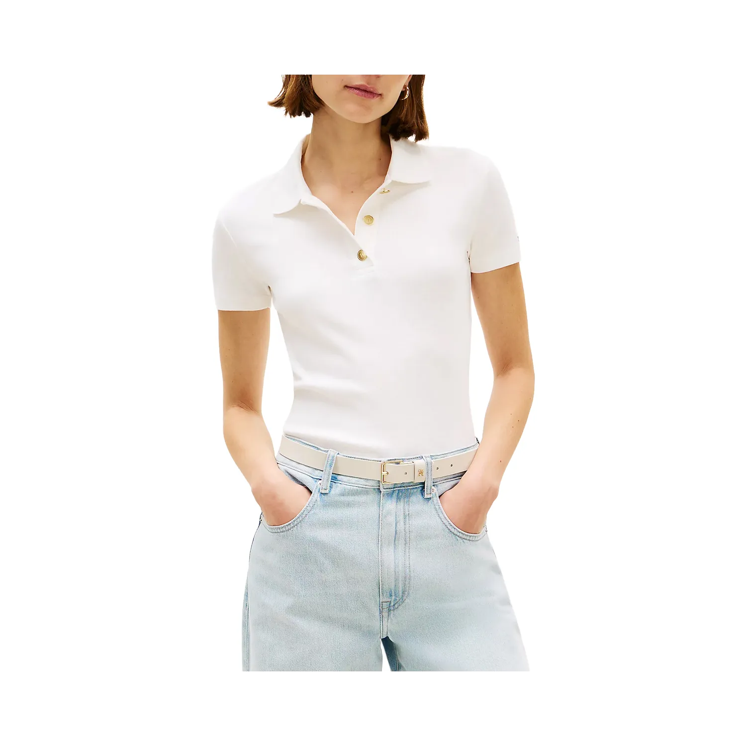 TH GOLD BUTTON SLIM SS WHT