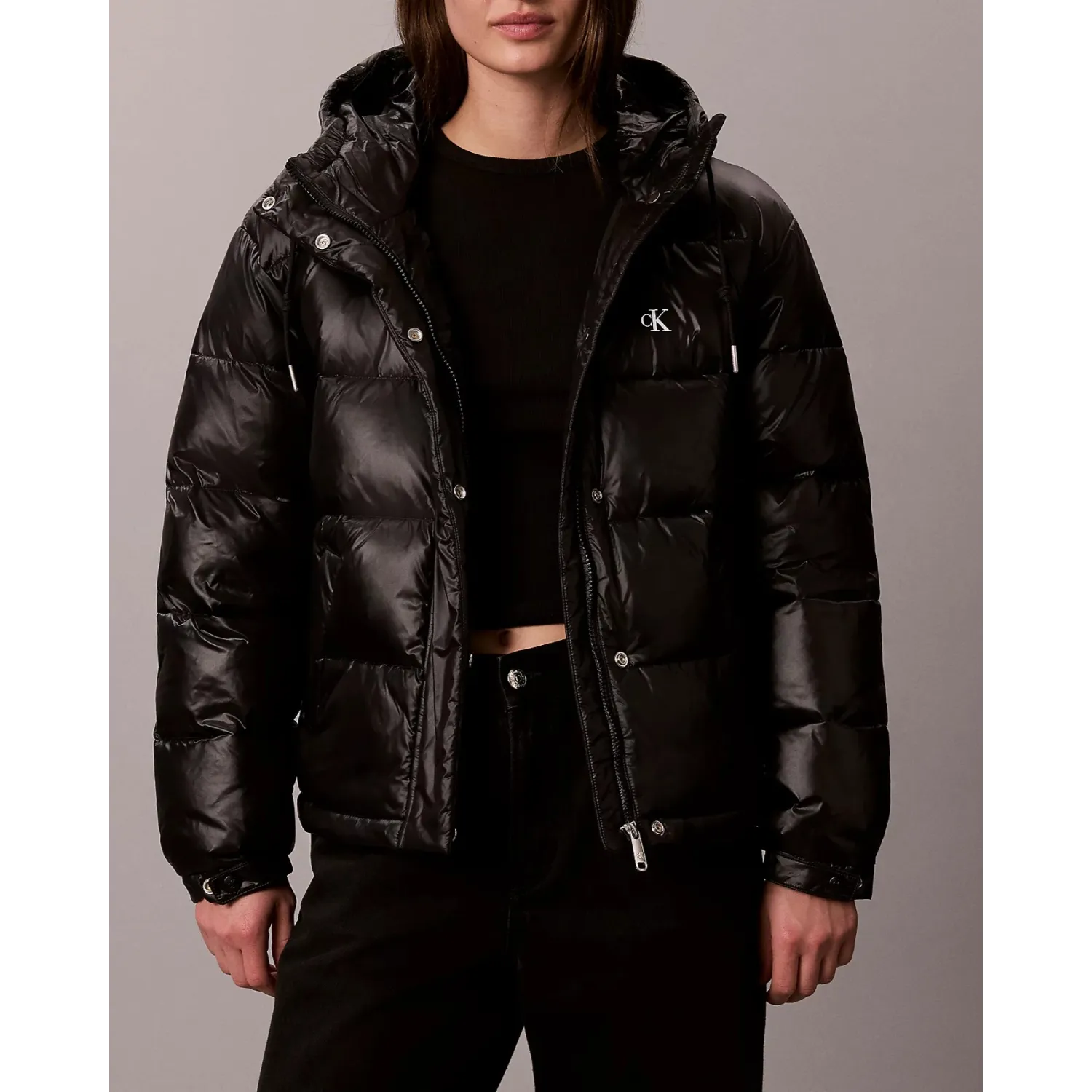 CK Chaqueta de plumas con capucha brillante BLK