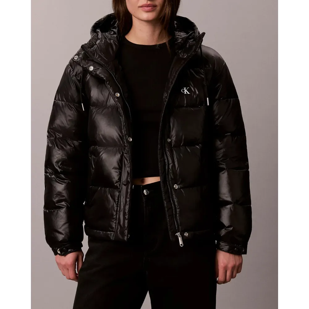 CK Chaqueta de plumas con capucha brillante BLK