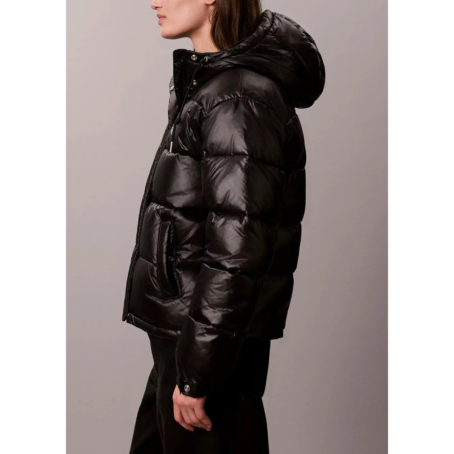 CK Chaqueta de plumas con capucha brillante BLK