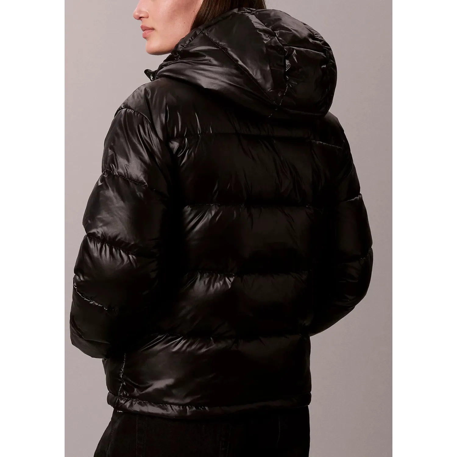 CK Chaqueta de plumas con capucha brillante BLK